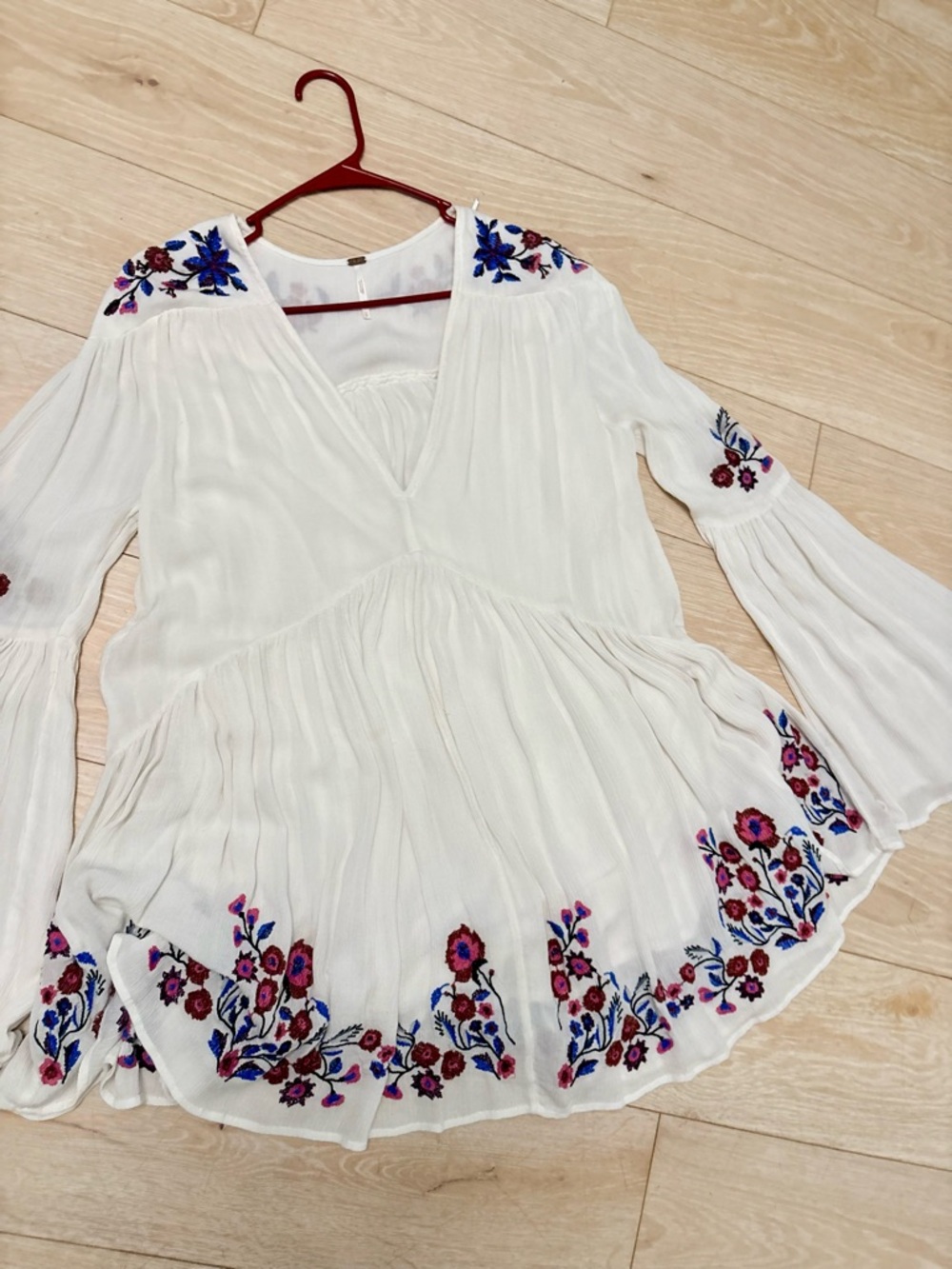 Free People embroidered boho peasant top / flowy sheer blouse